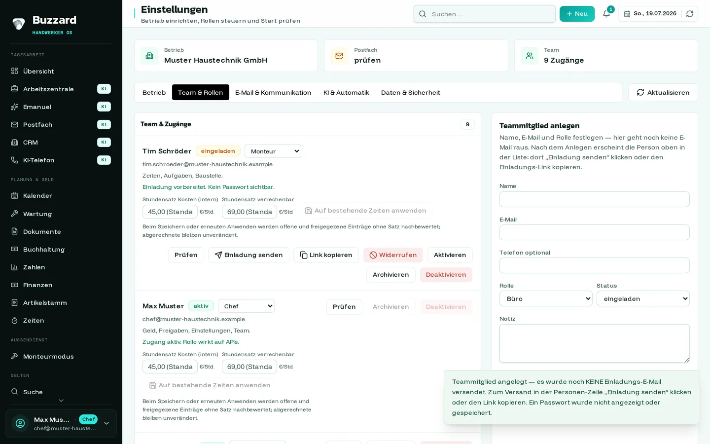Buzzard: teammitglied angelegt